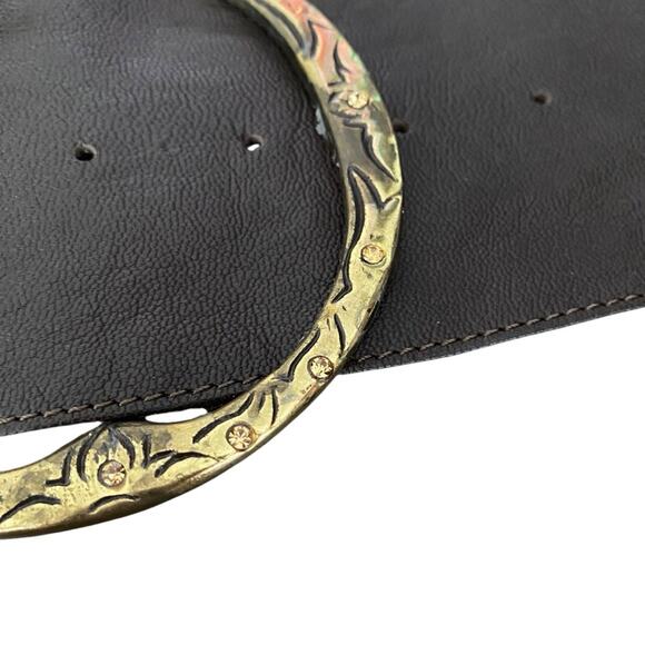 Chocolate Brown Leather Wide Waist Belt Gold Tone Circle Buckle Rhinestone - Picture 7 of 7